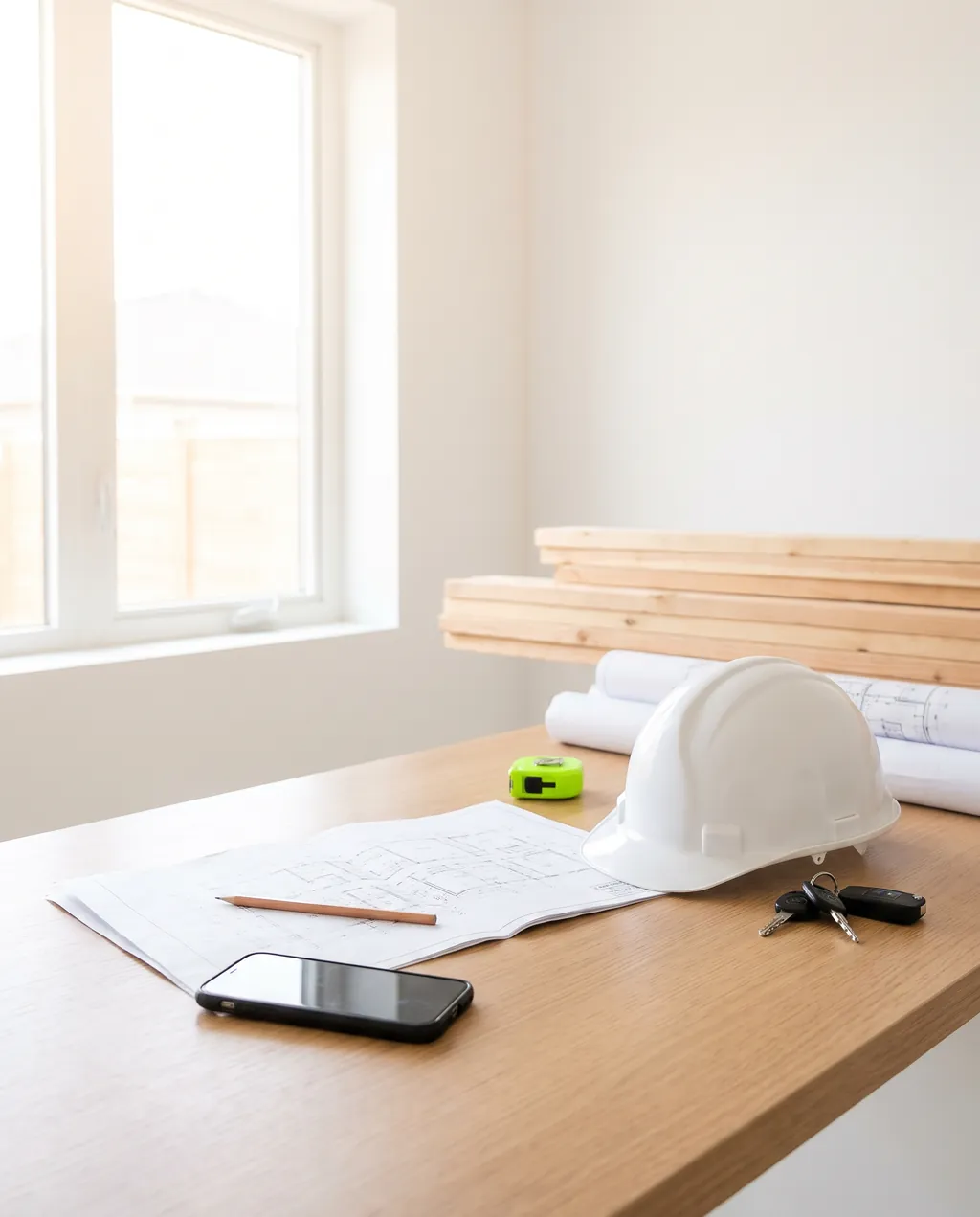 Een telefoon op een lichte houten tafel naast een uitgerolde bouwtekening, een potlood, een witte bouwhelm, een sleutelbos en een limegroene rolmaat, in het licht van een groot raam.