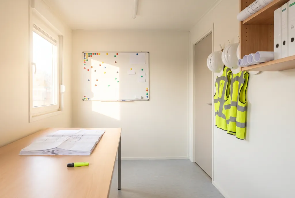 Een lichte, opgeruimde bouwkeet met een bureau vol tekeningen, een planbord aan de wand en witte bouwhelmen en hesjes aan haken bij de deur.