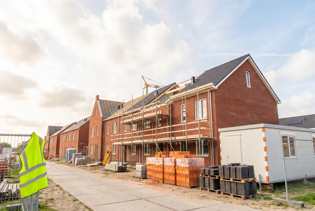 Een rij bakstenen nieuwbouwwoningen in de steigers, met pallets stenen langs de weg, een bouwkeet en iemand in een geel hesje aan de rand van het beeld.