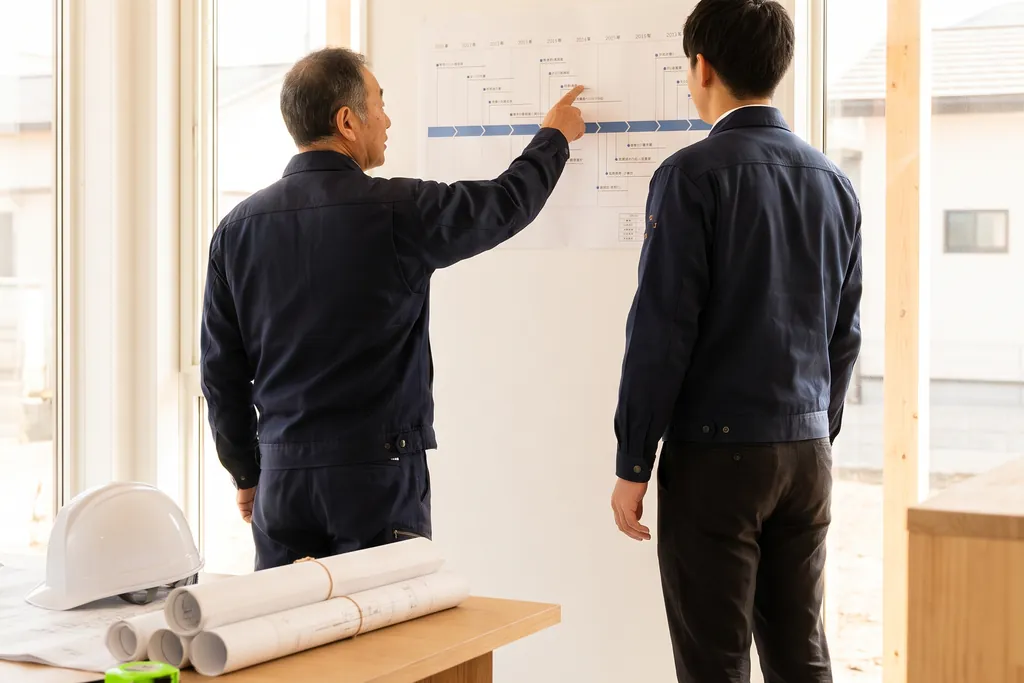 In een lichte, nog lege nieuwbouwruimte wijst een ervaren man op een planning aan de wand, een jongere collega kijkt mee. Op een tafel liggen opgerolde tekeningen en een bouwhelm.