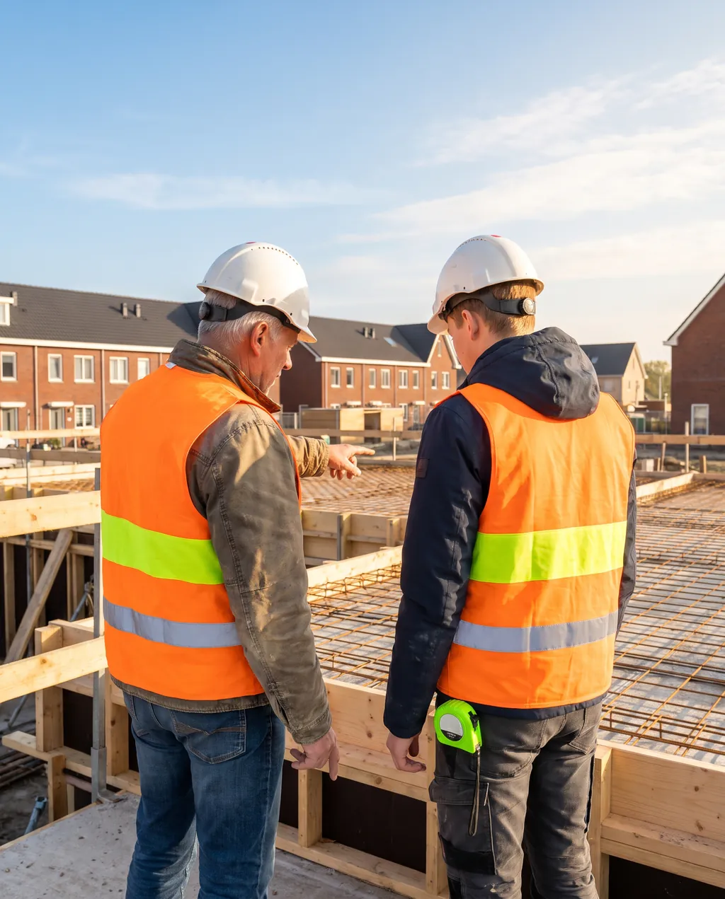 Een ervaren bouwvakker en een jonge leerling in oranje hesjes en witte helmen kijken naar wapening en bekisting voor een betonvloer. Op de achtergrond bakstenen rijtjeshuizen onder een blauwe lucht.