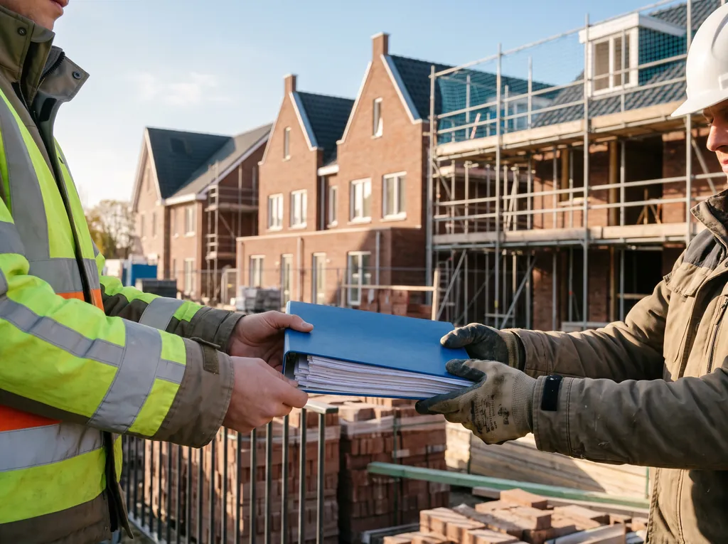 Op een zonnige bouwplaats geeft iemand in een geel hesje een blauwe map met tekeningen aan een collega met werkhandschoenen. Op de achtergrond nieuwbouwwoningen in de steigers.